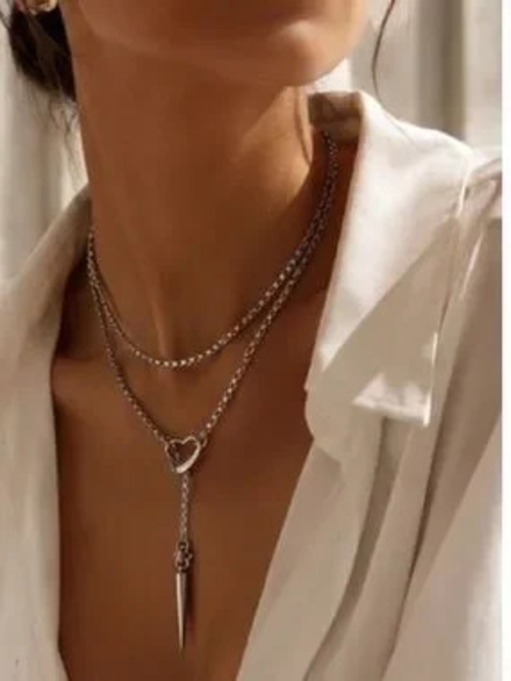 Silver Heart Lariat Necklace - Layered Pendant